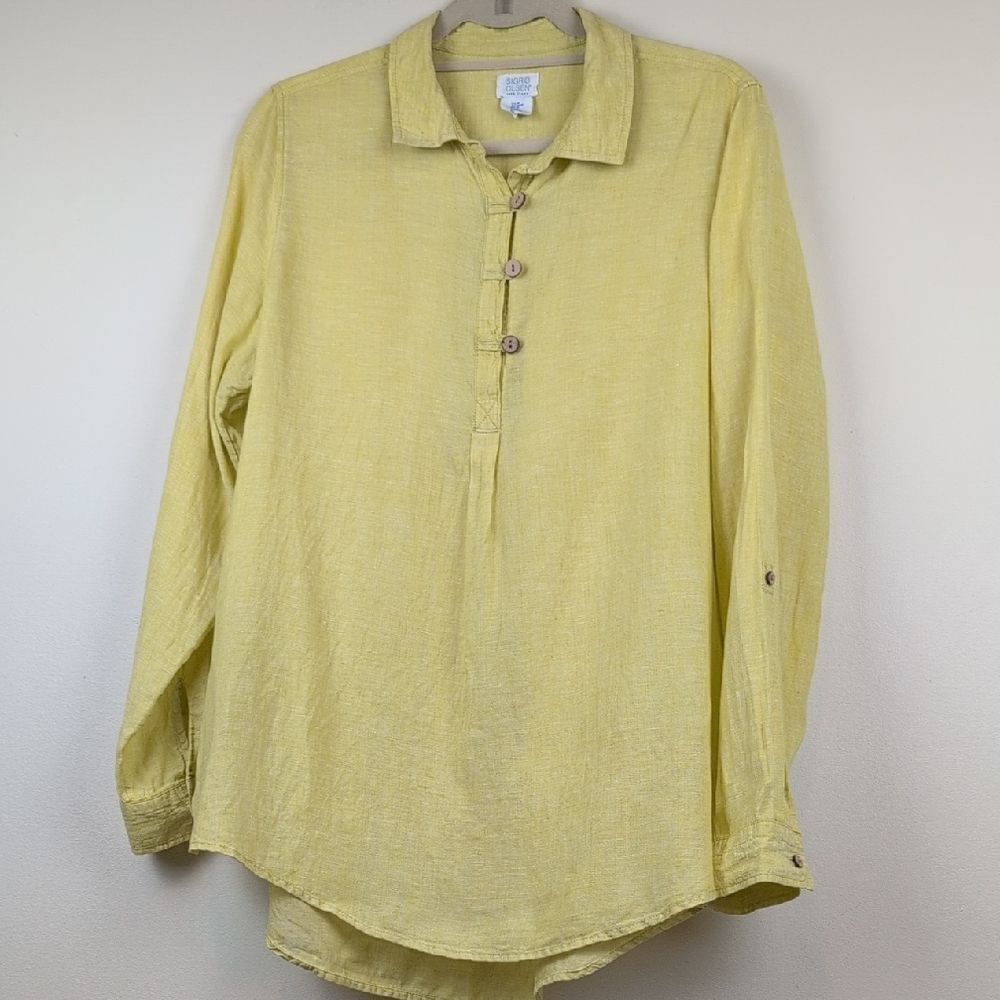 Signed Olsen Yellow Green Linen Roll Tab Sleeves Linen Shirt Size M